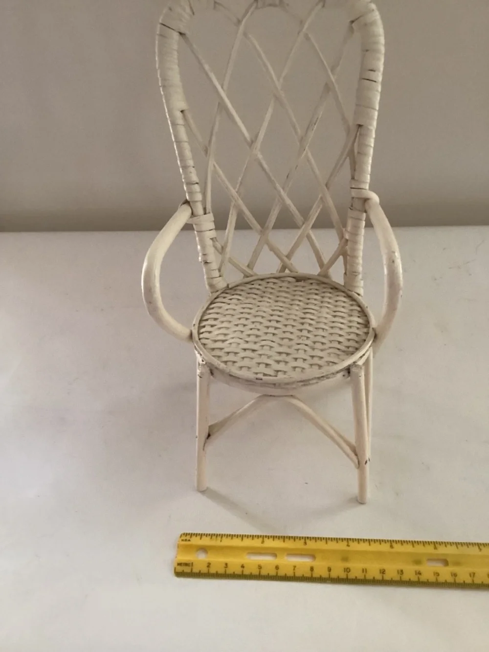 Mini off-white wicker chair for decor or doll/stuffed animal display